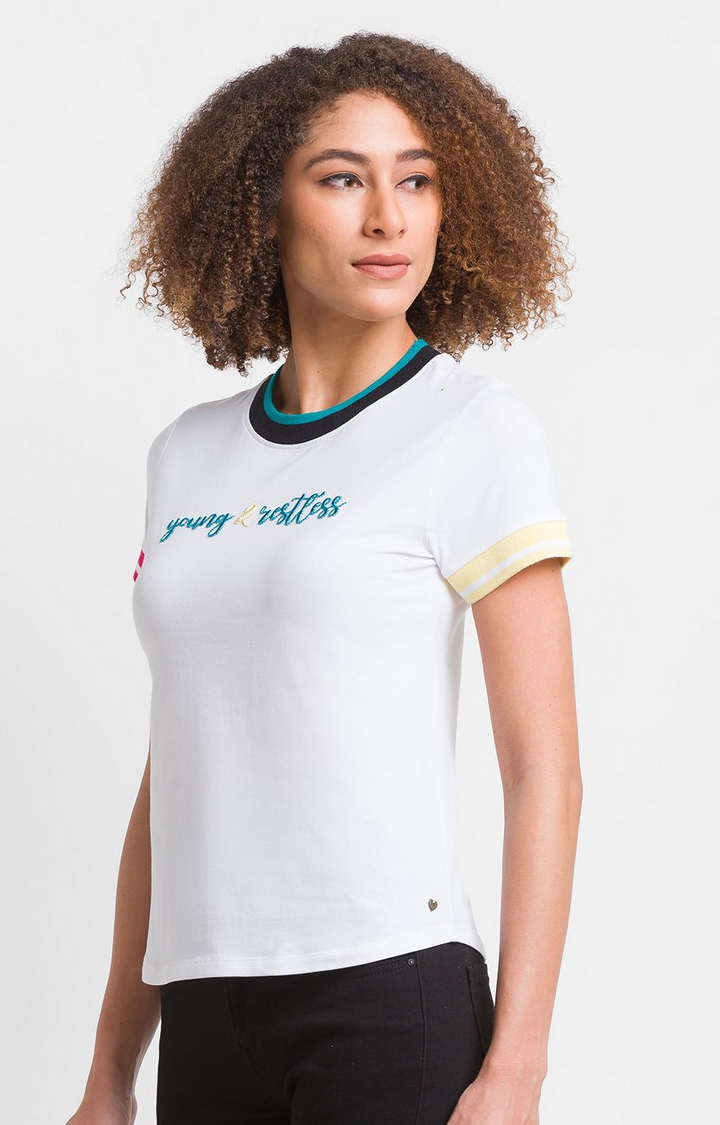 spykar | Spykar White Cotton Blend Half Sleeve Colorless Casual T-Shirt For Women 2