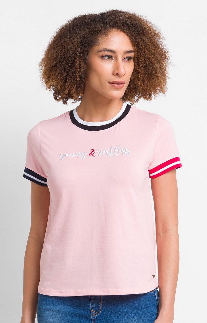spykar | Spykar Baby Pink Cotton Blend Half Sleeve Colorless Casual T-Shirt For Women 0