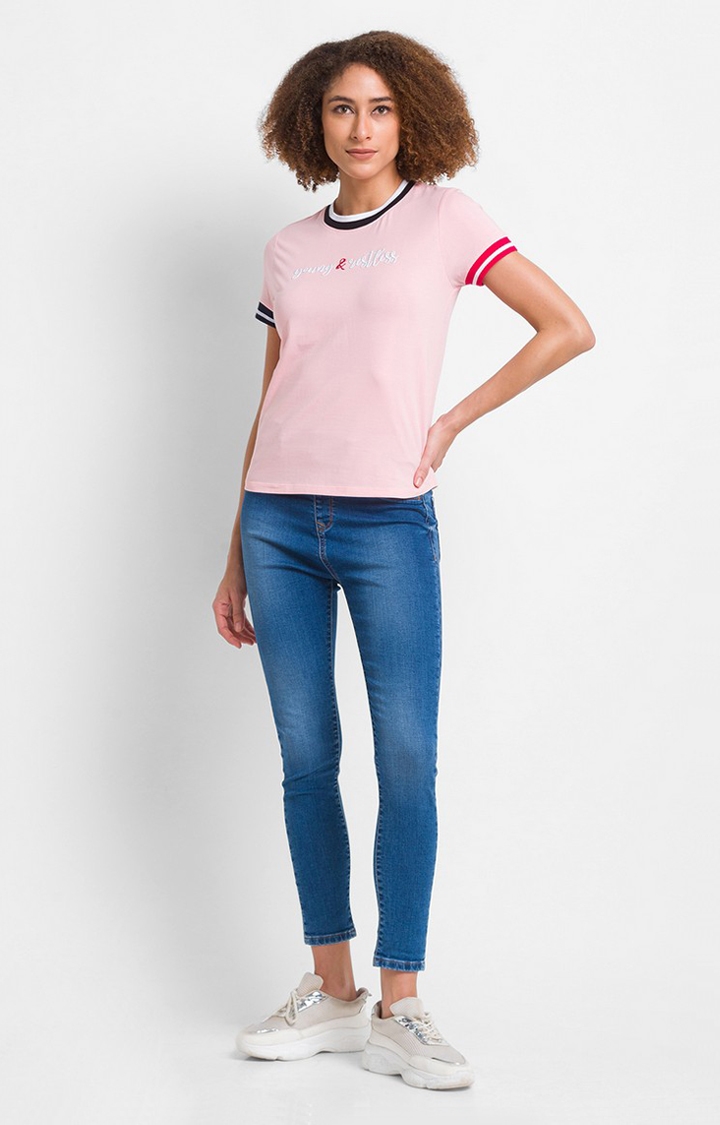 spykar | Spykar Baby Pink Cotton Blend Half Sleeve Colorless Casual T-Shirt For Women 1