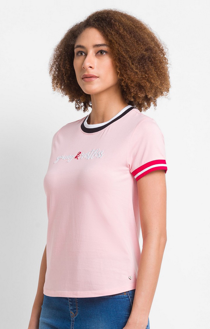 spykar | Spykar Baby Pink Cotton Blend Half Sleeve Colorless Casual T-Shirt For Women 3
