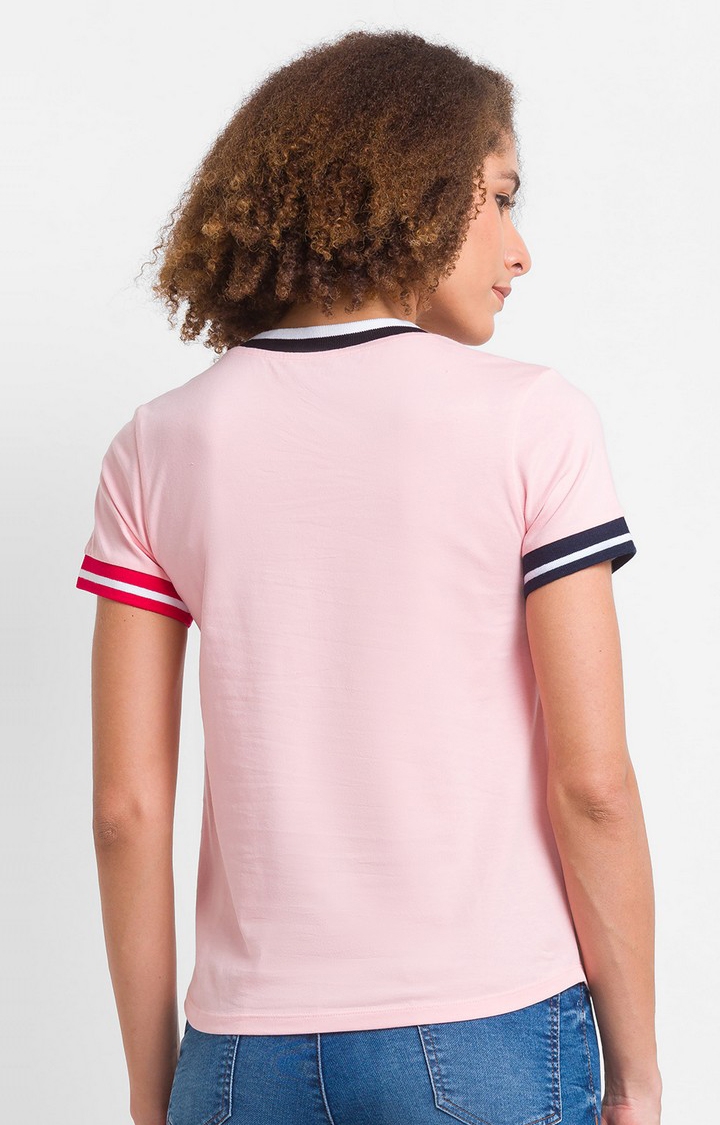 spykar | Spykar Baby Pink Cotton Blend Half Sleeve Colorless Casual T-Shirt For Women 4