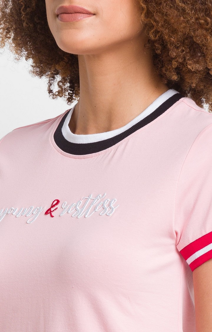 spykar | Spykar Baby Pink Cotton Blend Half Sleeve Colorless Casual T-Shirt For Women 5
