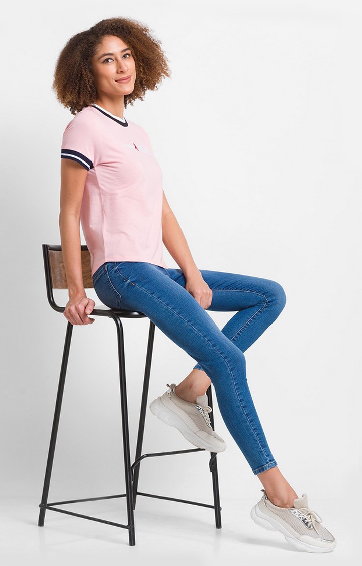spykar | Spykar Baby Pink Cotton Blend Half Sleeve Colorless Casual T-Shirt For Women 2