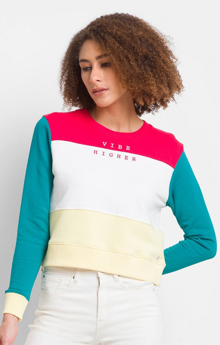 Spykar Red Cotton Blend Full Sleeve Round Neck Sweatshirt For Women
