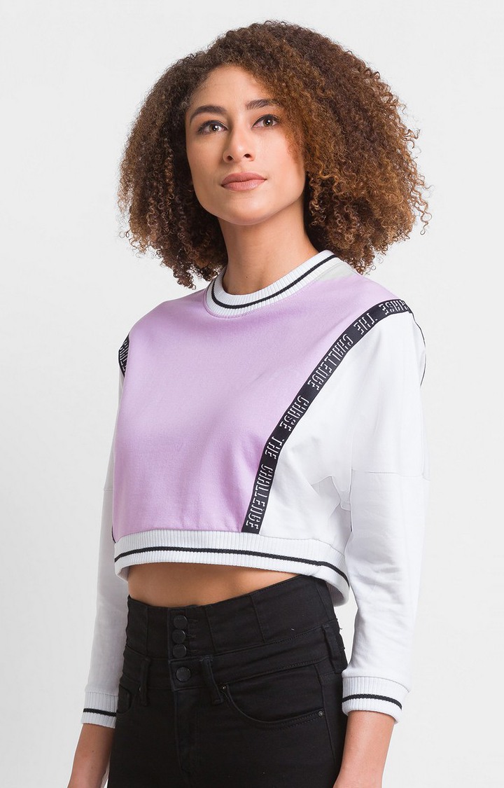 Spykar Lilac Cotton Blend Full Sleeve Round Neck Sweatshirt For Women