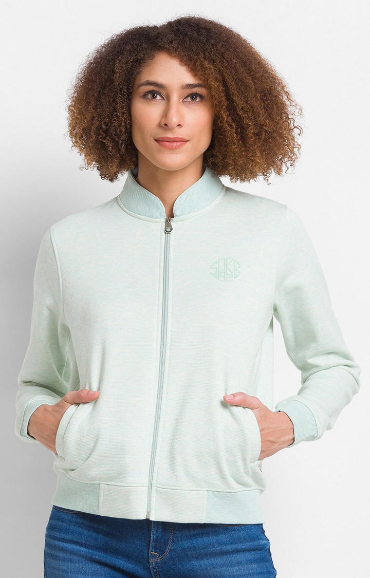 spykar | Spykar Sea Green Cotton Blend Full Sleeve High Neck Sweatshirt For Women 0