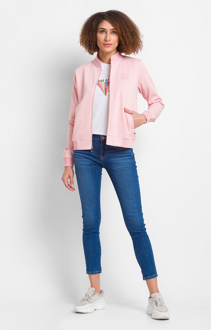 spykar | Spykar Powder Pink Cotton Blend Full Sleeve High Neck Sweatshirt For Women 1