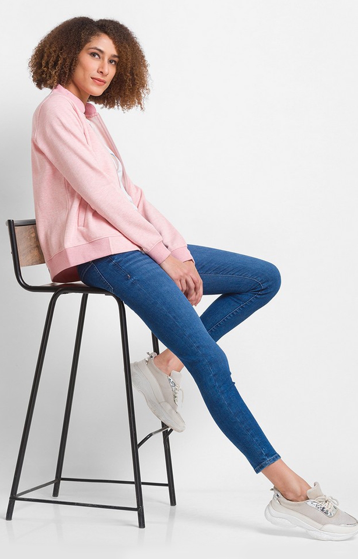 spykar | Spykar Powder Pink Cotton Blend Full Sleeve High Neck Sweatshirt For Women 2