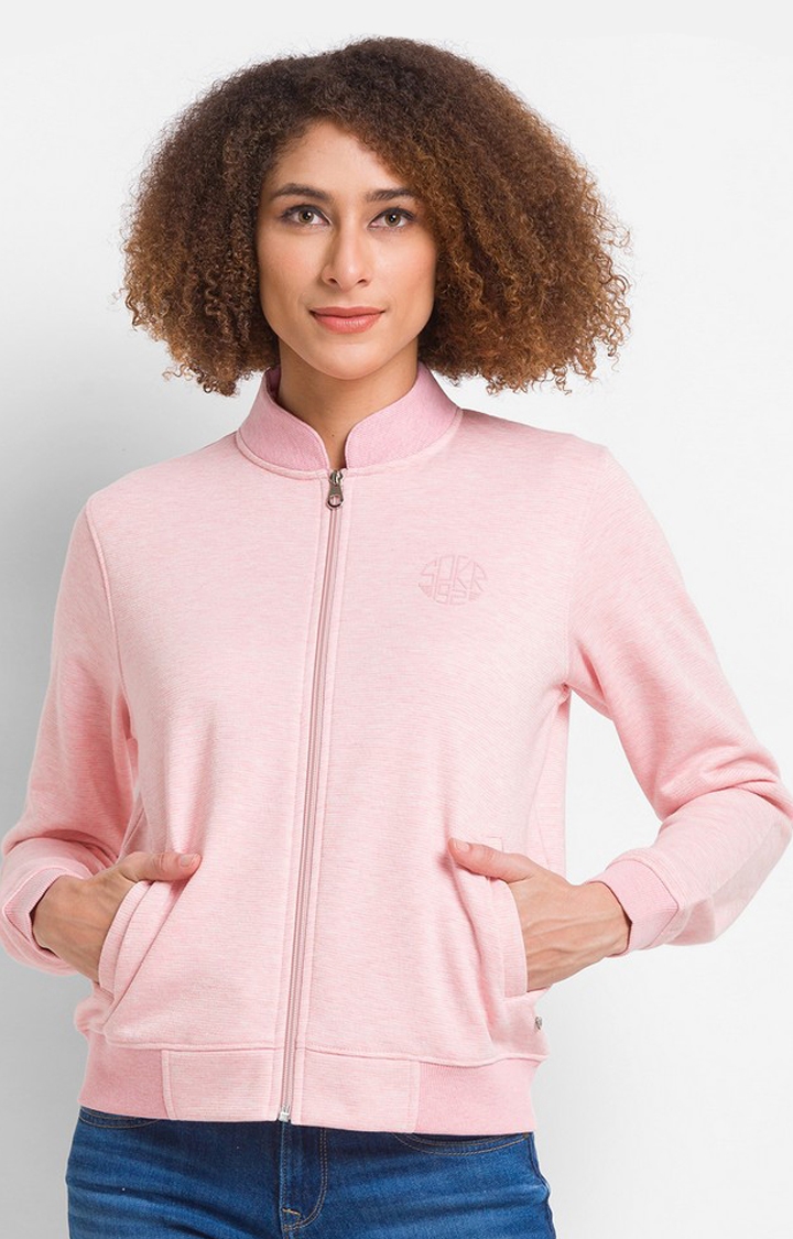 spykar | Spykar Powder Pink Cotton Blend Full Sleeve High Neck Sweatshirt For Women 0