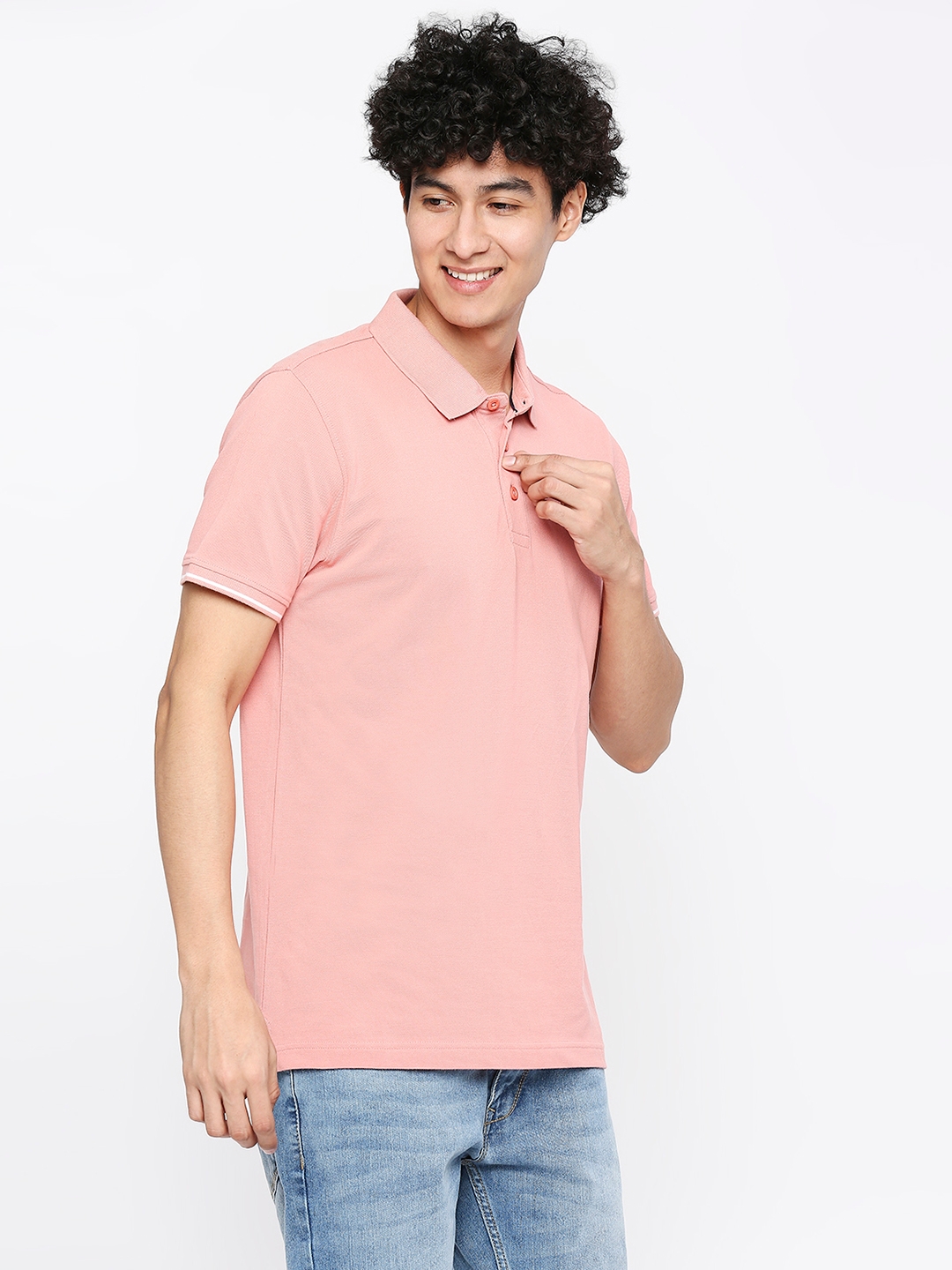 spykar | Spykar Men Dusty Pink Cotton Slim Fit Plain Polo Neck Tshirt 2