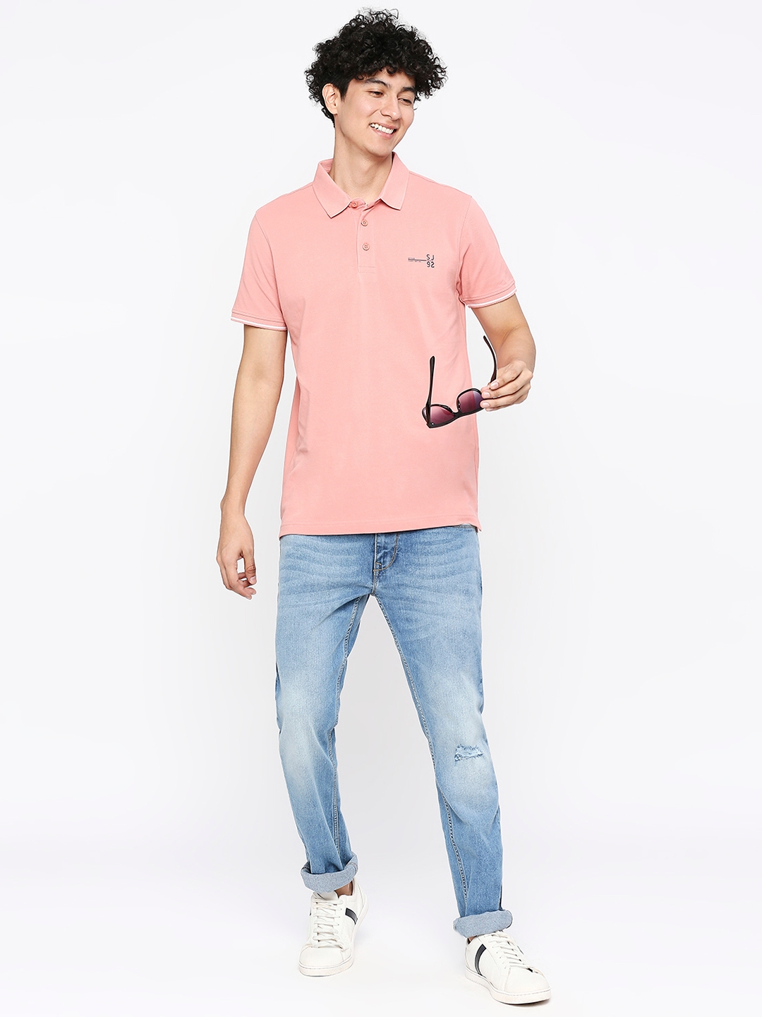 spykar | Spykar Men Dusty Pink Cotton Slim Fit Plain Polo Neck Tshirt 5