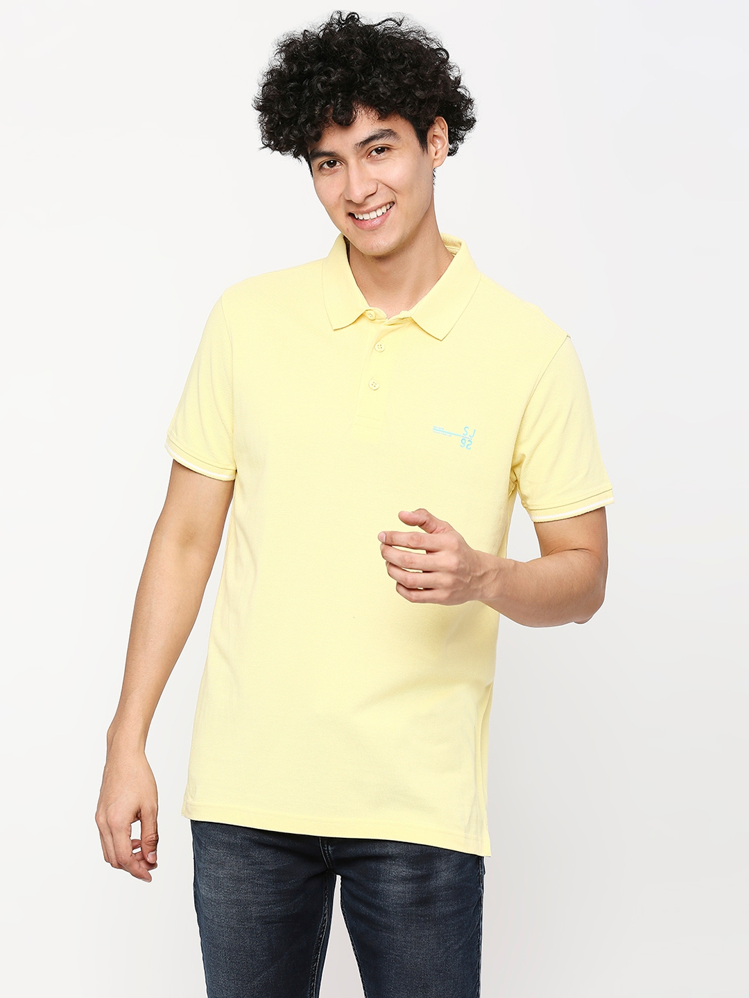 Spykar | Spykar Men Butter Yellow Cotton Slim Fit Plain Polo Neck Tshirt 0