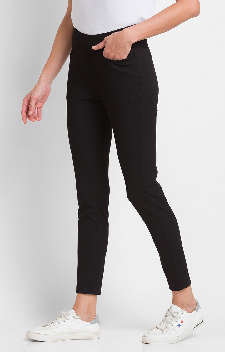 Women's Black Cotton Solid Jeggings