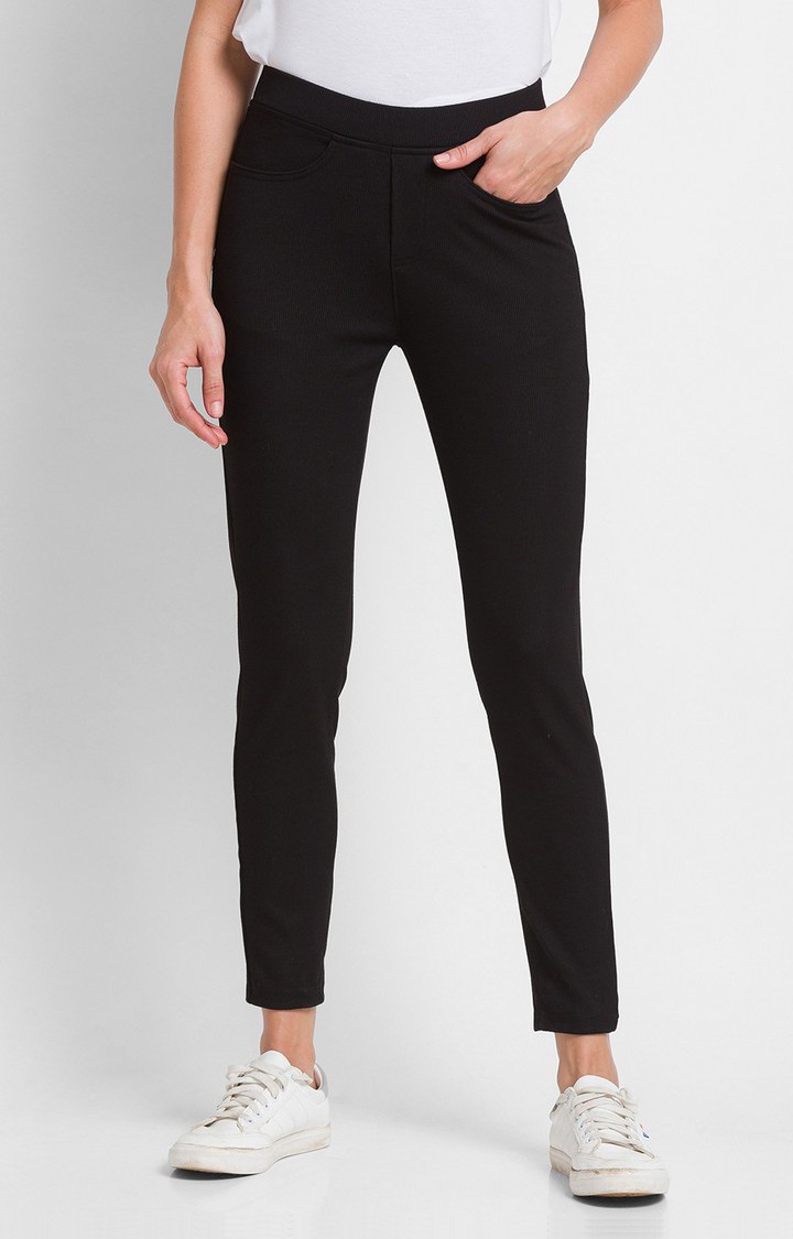 Women's Black Cotton Solid Jeggings