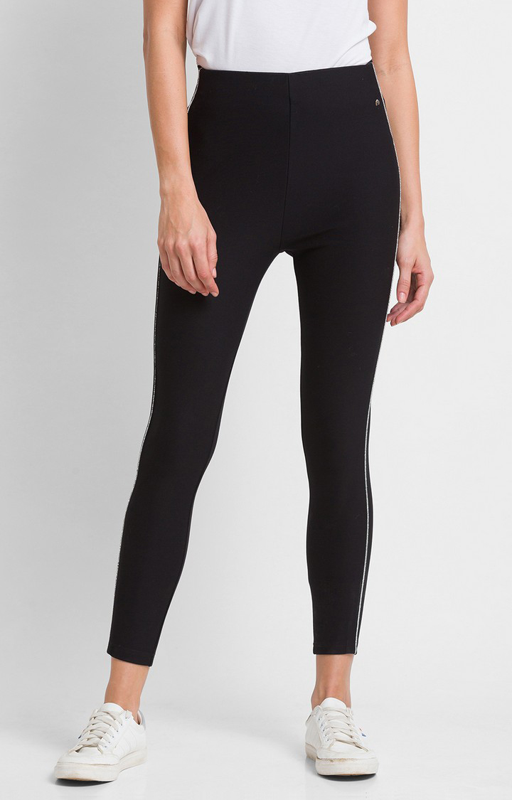 Women's Black Cotton Solid Jeggings