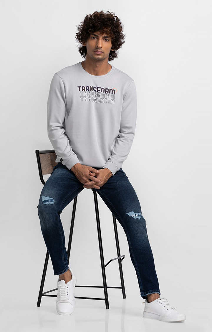 Spykar Silver Grey Cotton Full Sleeve Round Neck Sweatshirt For Men