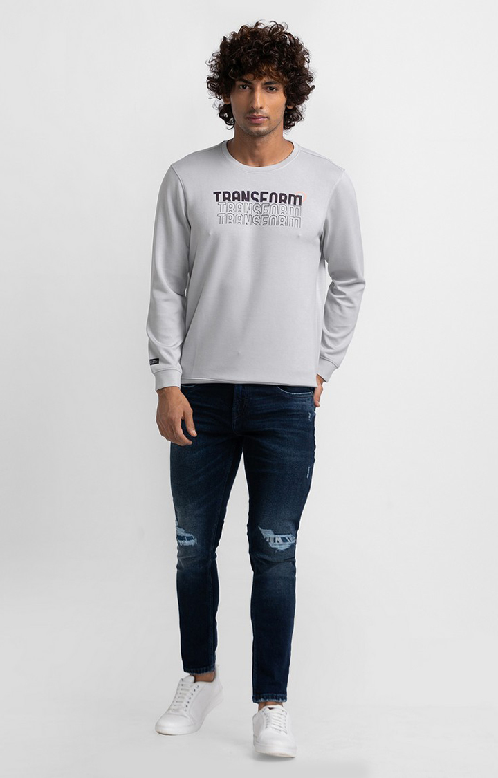 Spykar Silver Grey Cotton Full Sleeve Round Neck Sweatshirt For Men