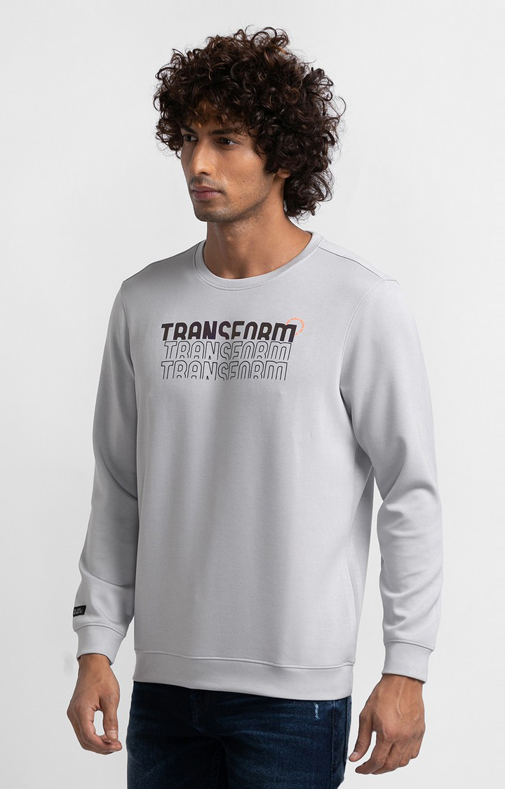 Spykar Silver Grey Cotton Full Sleeve Round Neck Sweatshirt For Men
