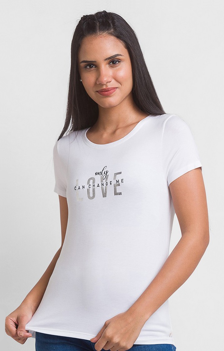 Spykar White Cotton Half Sleeve Printed Casual T Shirt For Women