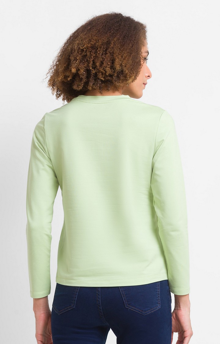 Spykar Green Cotton Blend Full Sleeve Plain Casual T-Shirt For Women