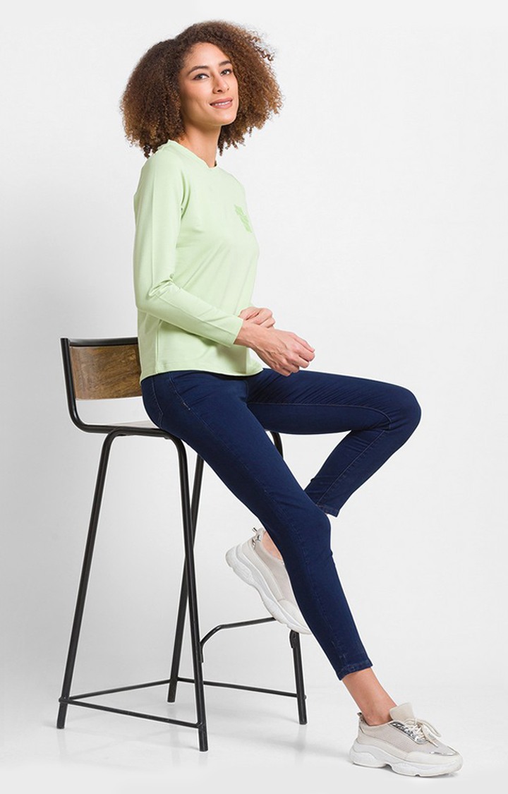 Spykar Green Cotton Blend Full Sleeve Plain Casual T-Shirt For Women