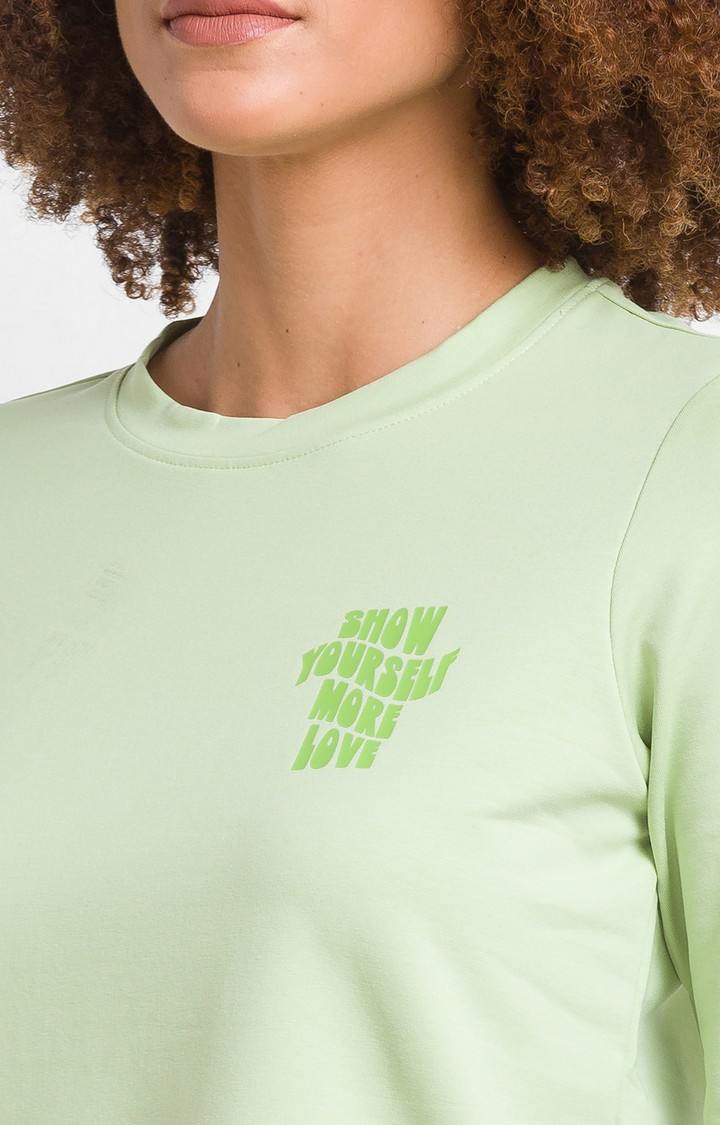 Spykar Green Cotton Blend Full Sleeve Plain Casual T-Shirt For Women