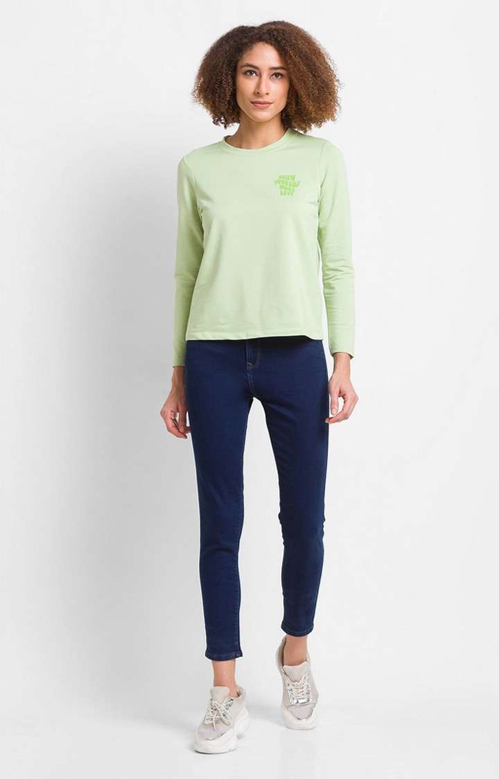 Spykar Green Cotton Blend Full Sleeve Plain Casual T-Shirt For Women