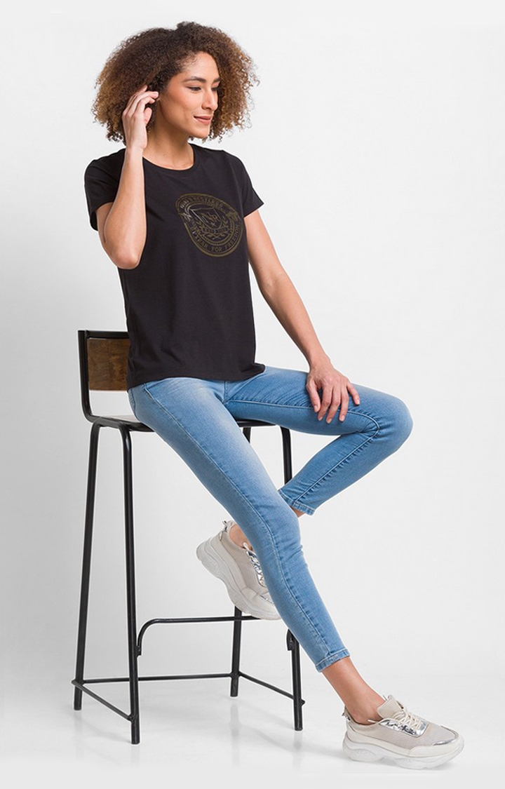 spykar | Spykar Black Cotton Blend Full Sleeve Plain Casual T-Shirt For Women 2