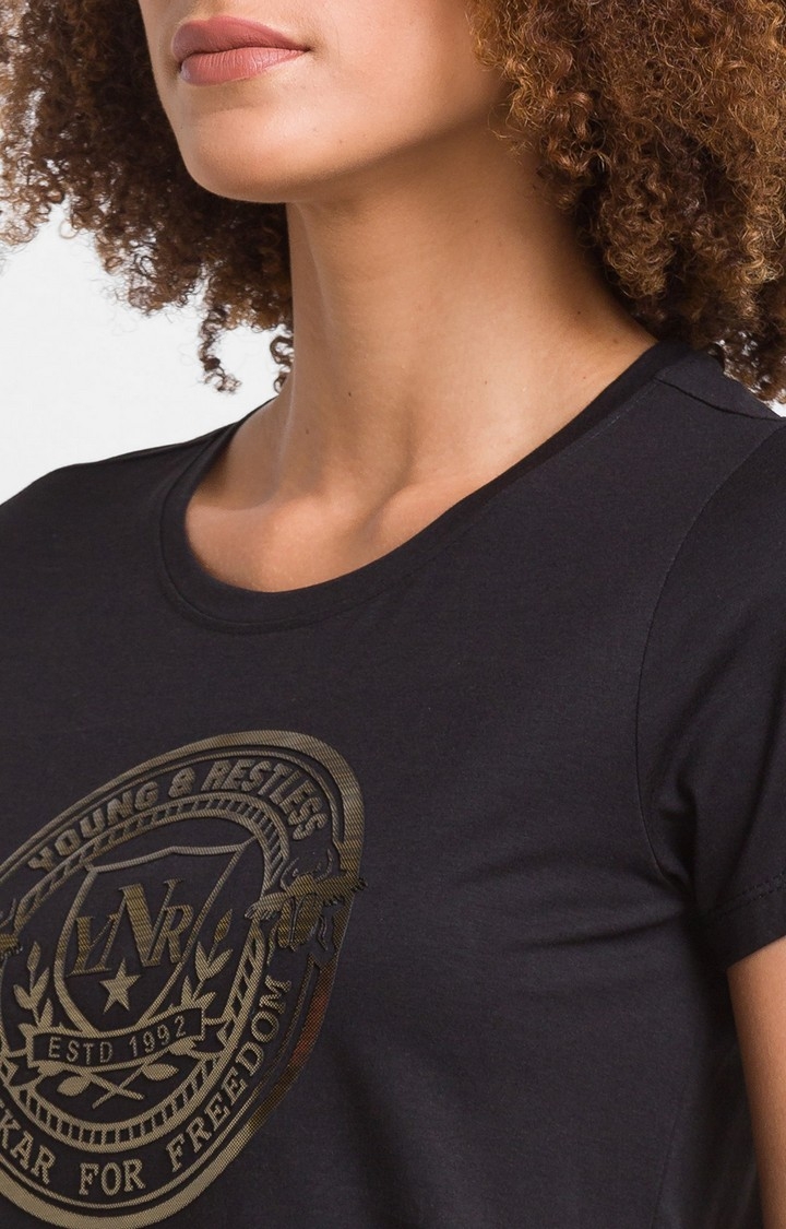 spykar | Spykar Black Cotton Blend Full Sleeve Plain Casual T-Shirt For Women 5