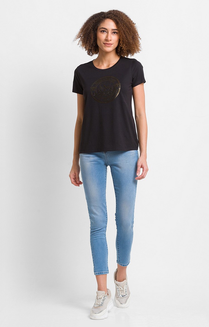 spykar | Spykar Black Cotton Blend Full Sleeve Plain Casual T-Shirt For Women 1