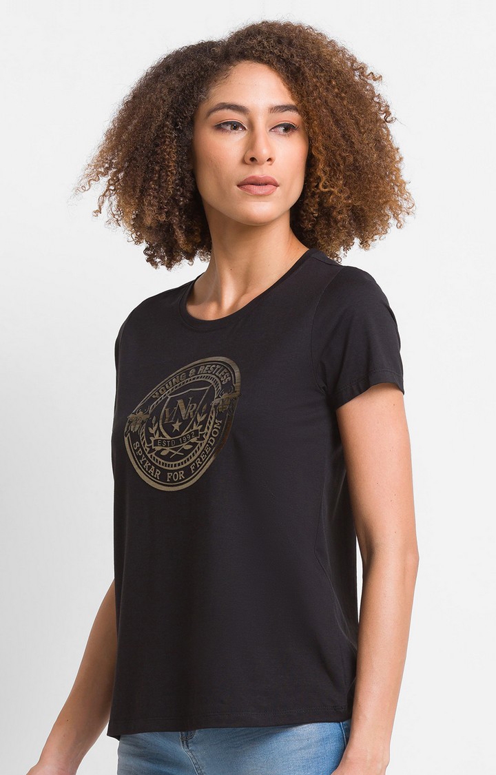 spykar | Spykar Black Cotton Blend Full Sleeve Plain Casual T-Shirt For Women 3