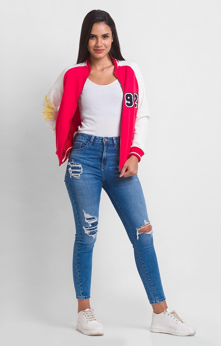 spykar | Spykar Red Cotton Blend Full Sleeve High Neck Sweatshirt For Women 1