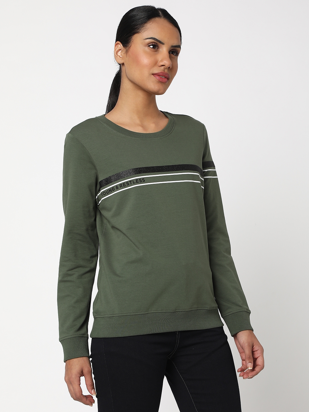 spykar | Spykar Olive Green Cotton Blend Full Sleeve Round Neck Sweatshirt For Women 2
