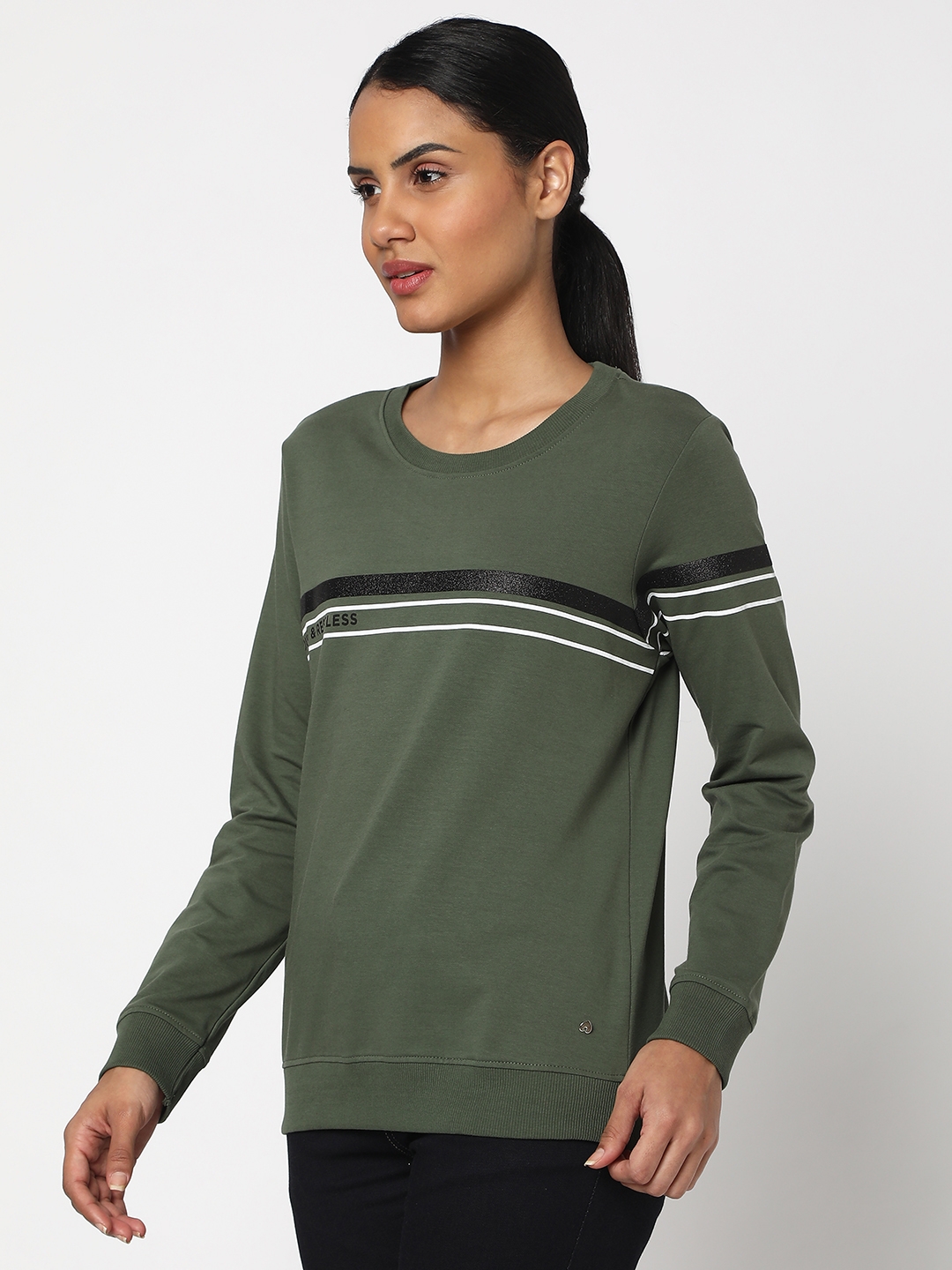 spykar | Spykar Olive Green Cotton Blend Full Sleeve Round Neck Sweatshirt For Women 1