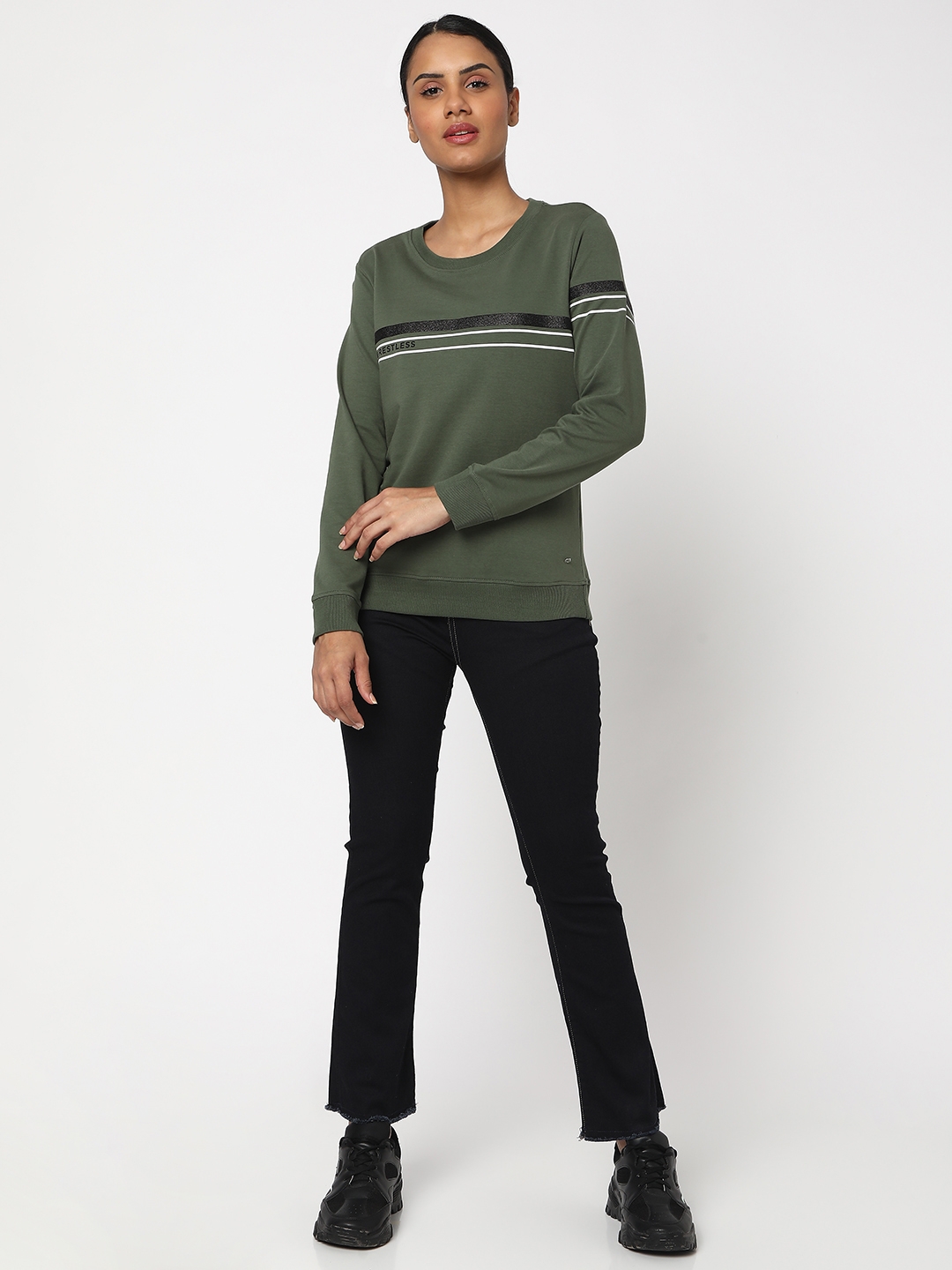 spykar | Spykar Olive Green Cotton Blend Full Sleeve Round Neck Sweatshirt For Women 5