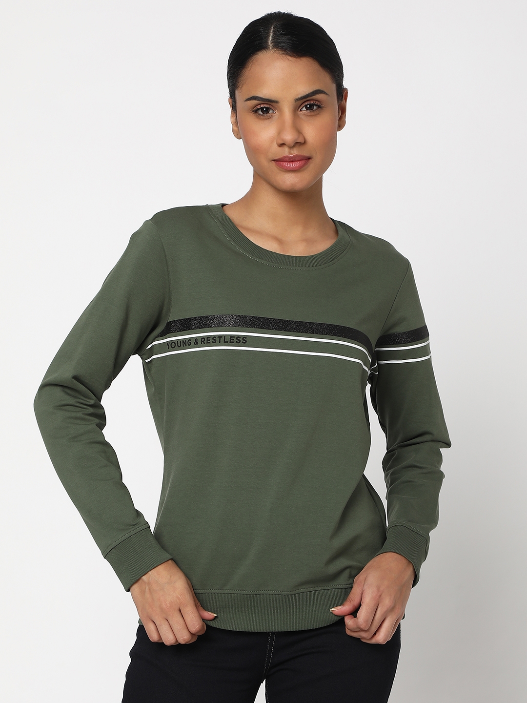 spykar | Spykar Olive Green Cotton Blend Full Sleeve Round Neck Sweatshirt For Women 0