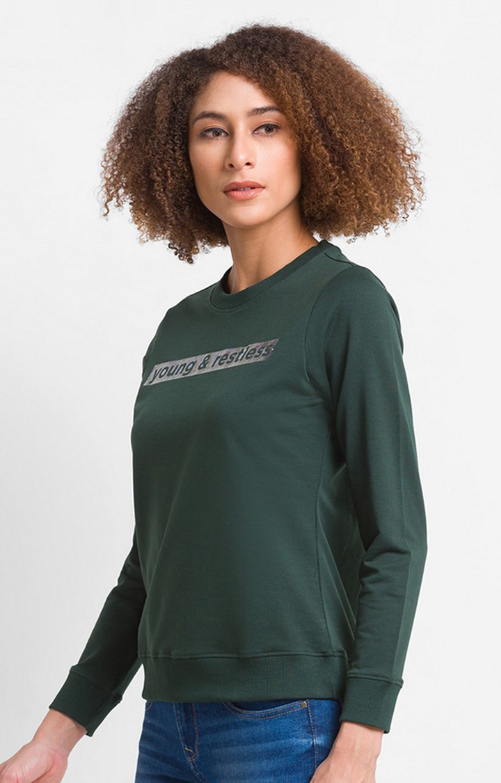 spykar | Spykar Bottle Green Cotton Blend Full Sleeve Round Neck Sweatshirt For Women 3