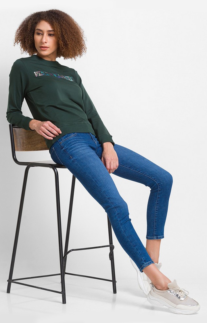 spykar | Spykar Bottle Green Cotton Blend Full Sleeve Round Neck Sweatshirt For Women 2