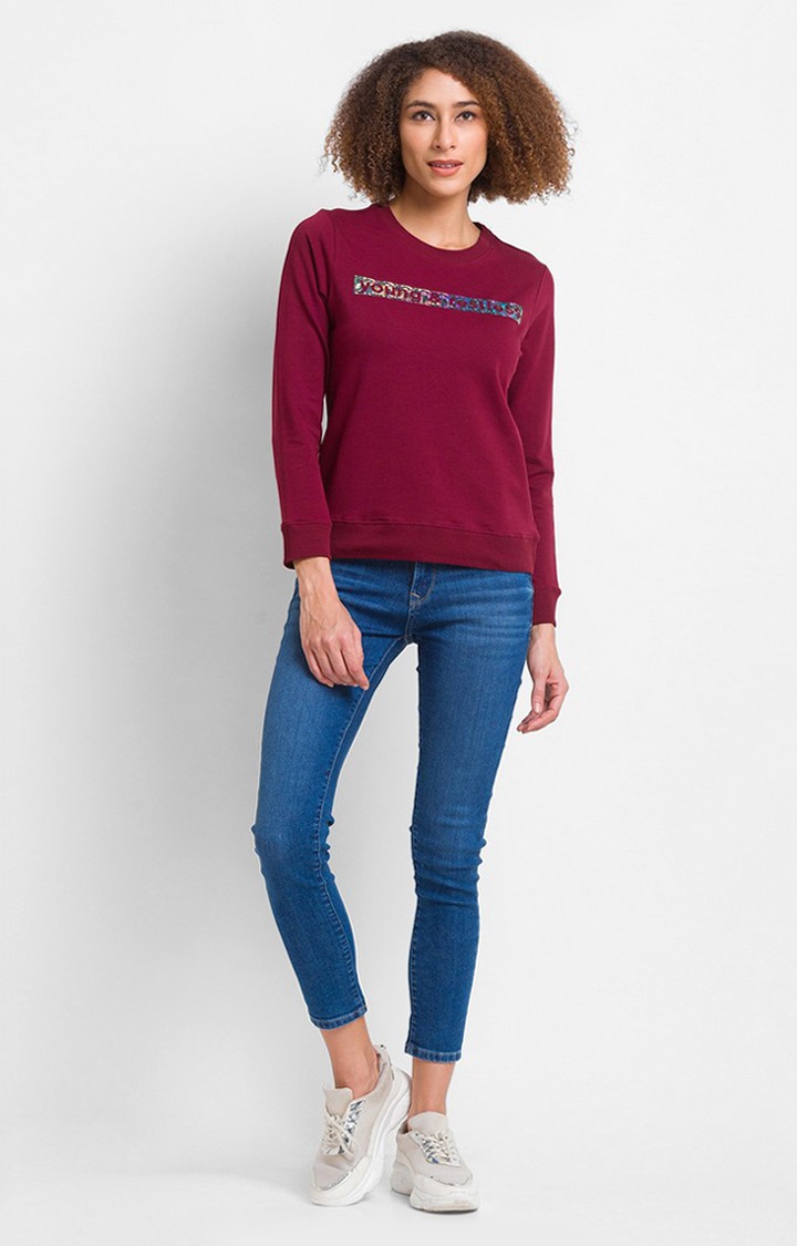Spykar Wine Cotton Blend Full Sleeve Round Neck Sweatshirt For Women