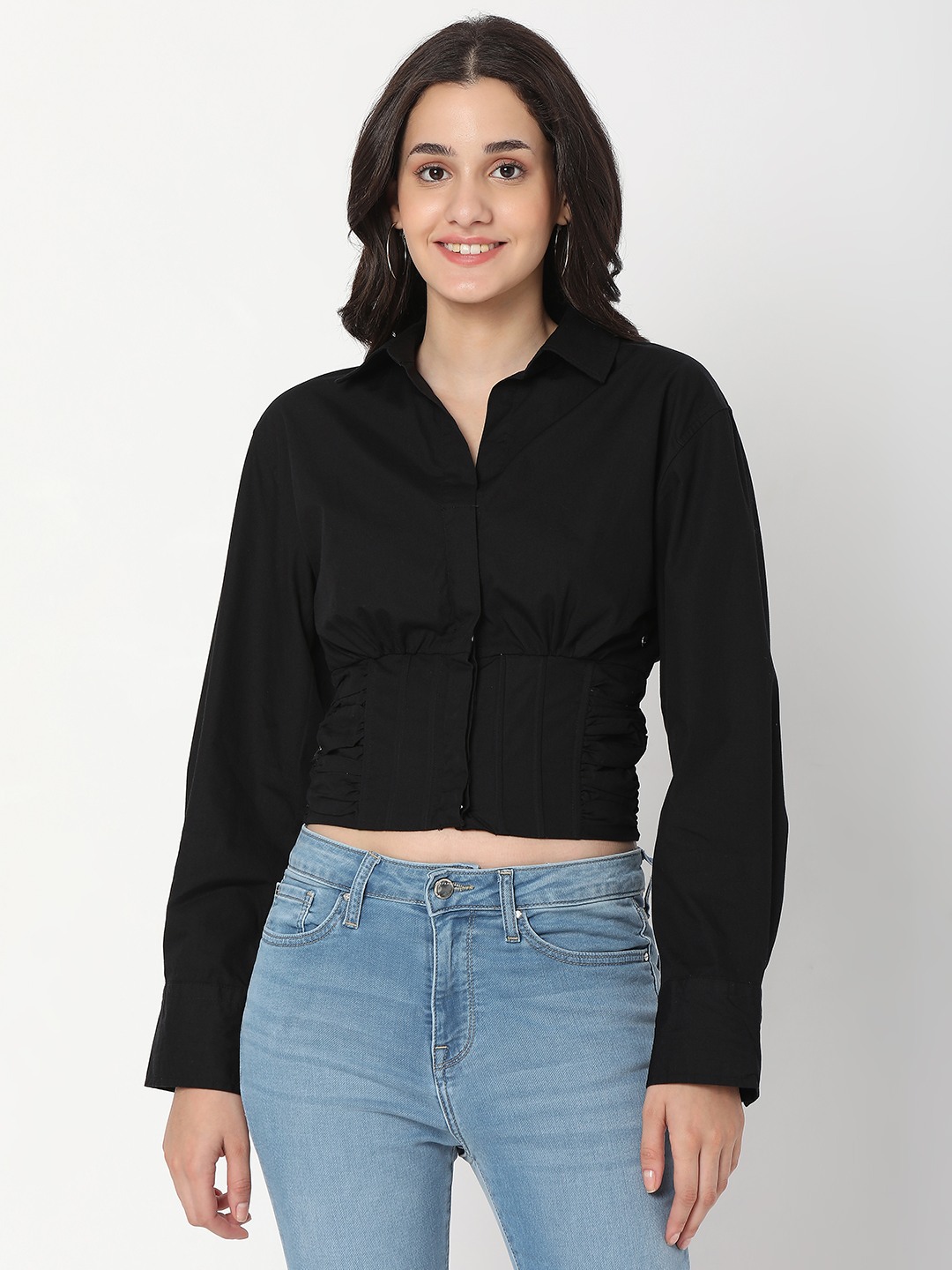 Women's Black Cotton Solid Casual Shirts