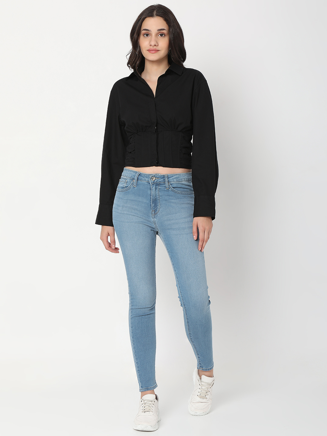 Women's Black Cotton Solid Casual Shirts