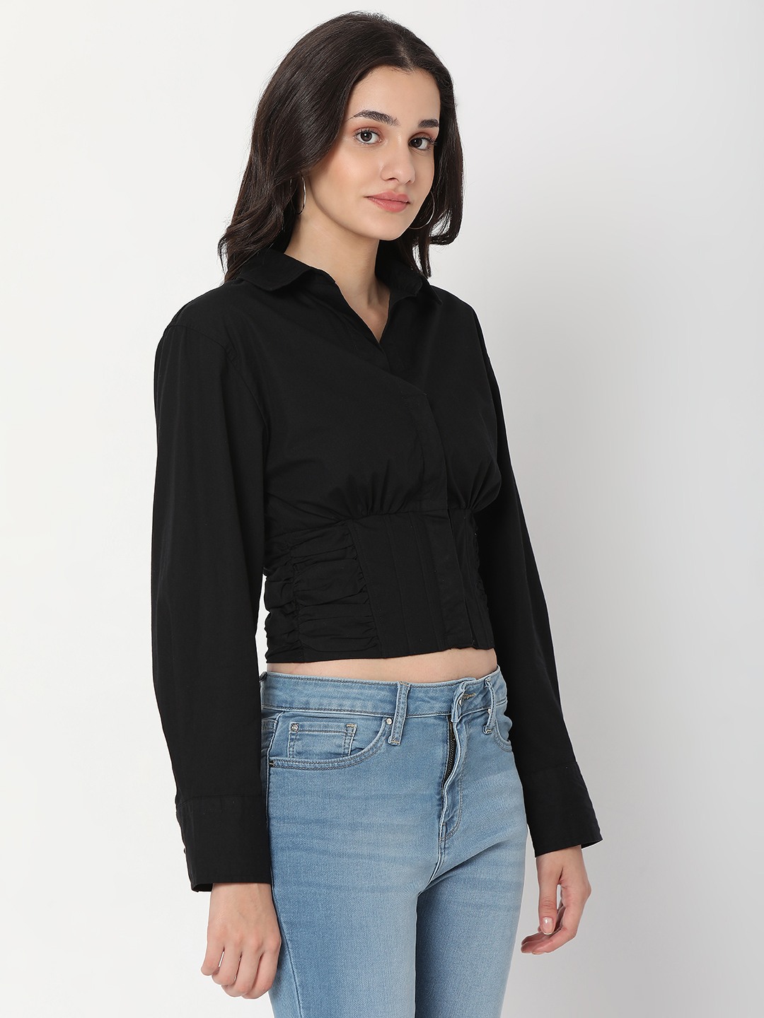 Women's Black Cotton Solid Casual Shirts