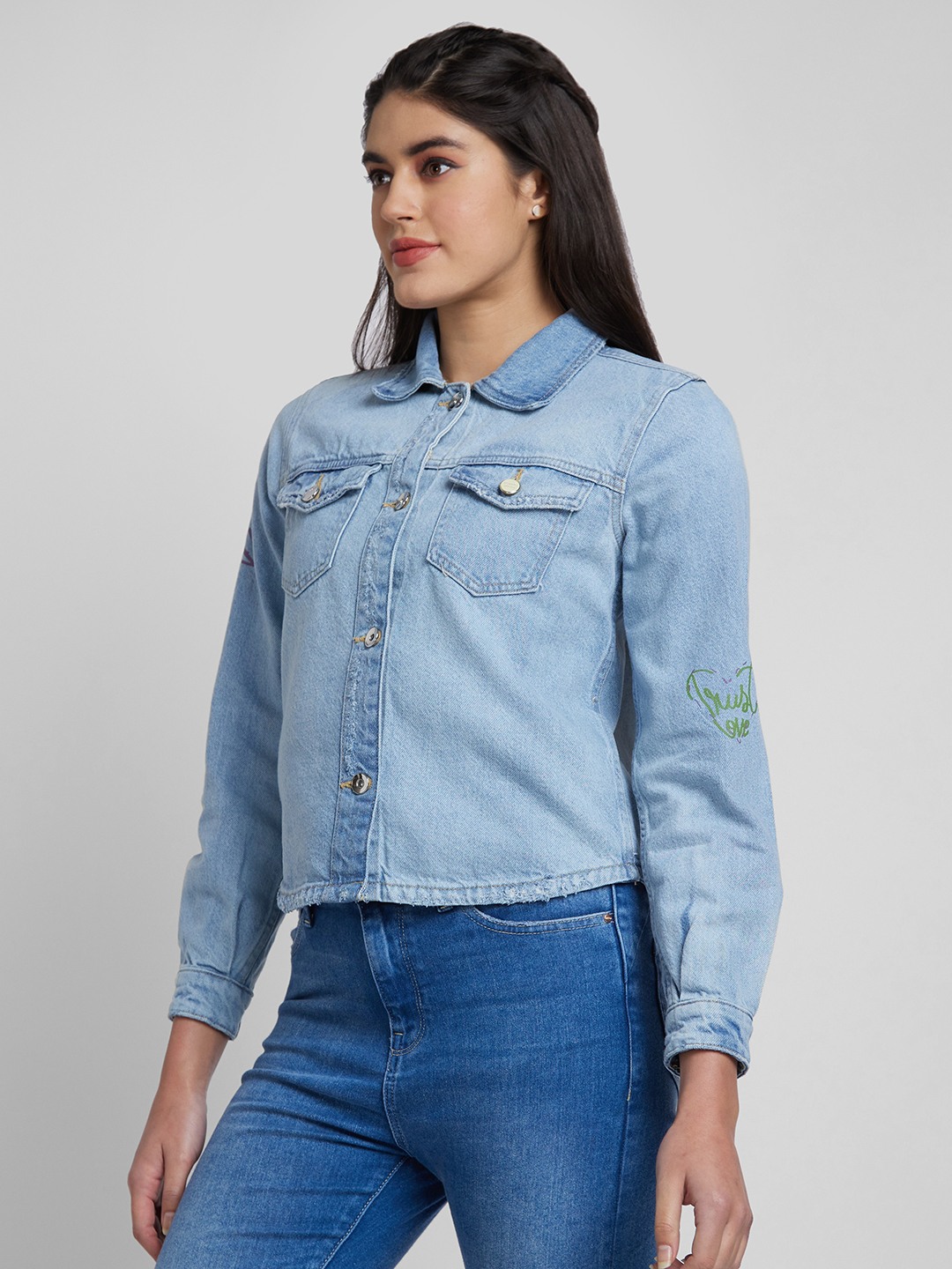 Spykar Women Light Blue Cotton Sim Fit Denim Jacket