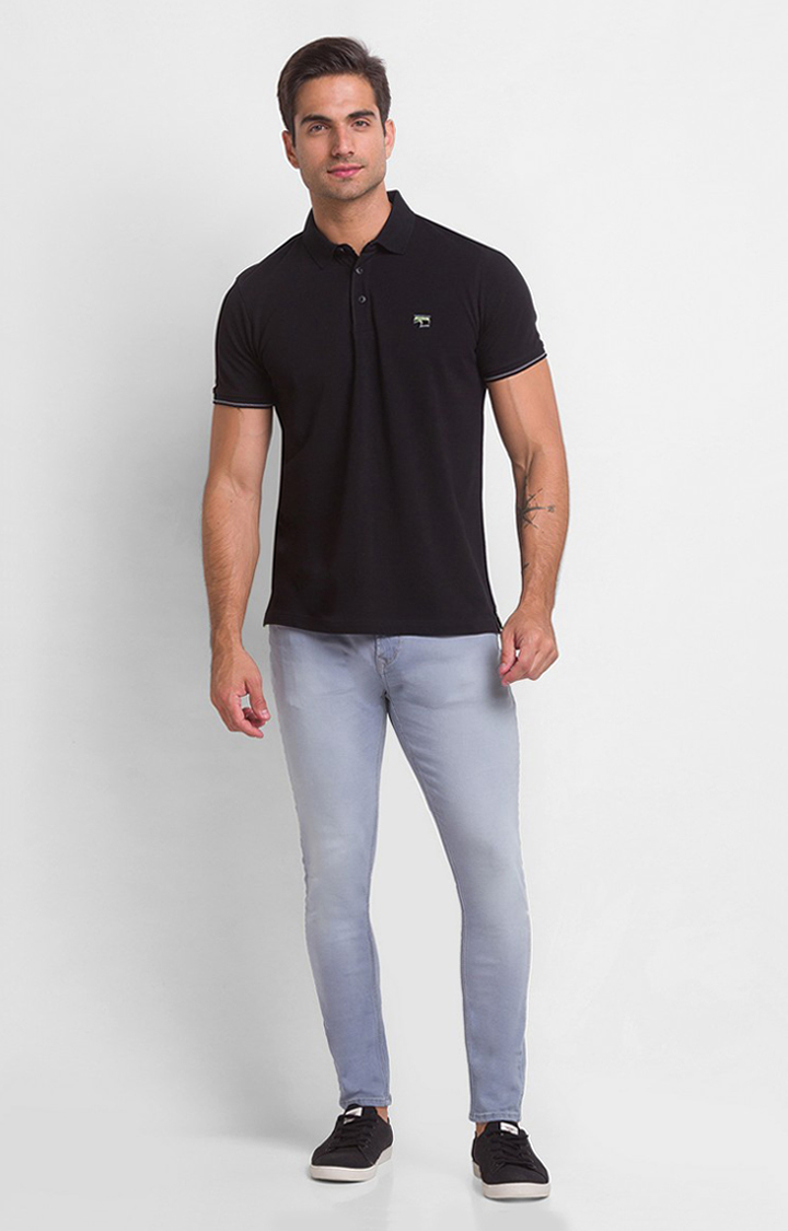 Spykar Black Cotton Half Sleeve Plain Casual Polo T-Shirt For Men