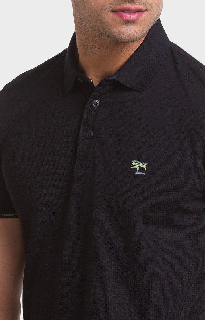 Spykar Black Cotton Half Sleeve Plain Casual Polo T-Shirt For Men