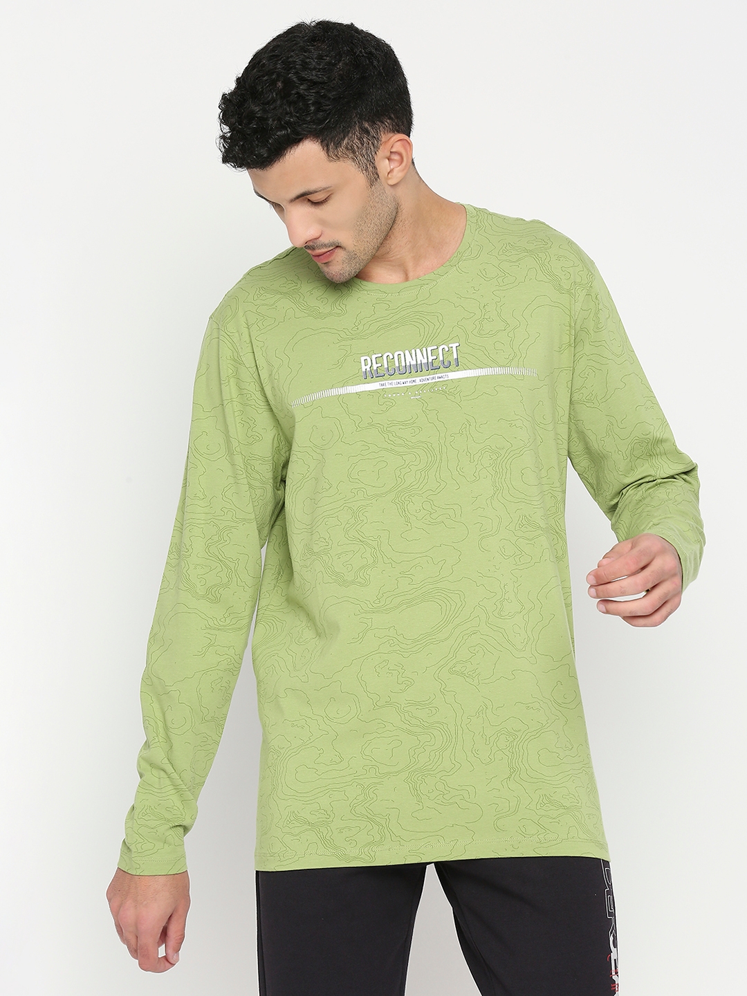 spykar | Spykar Dusty Green Cotton Blend Full Sleeve Printed Casual T-Shirt For Men 0