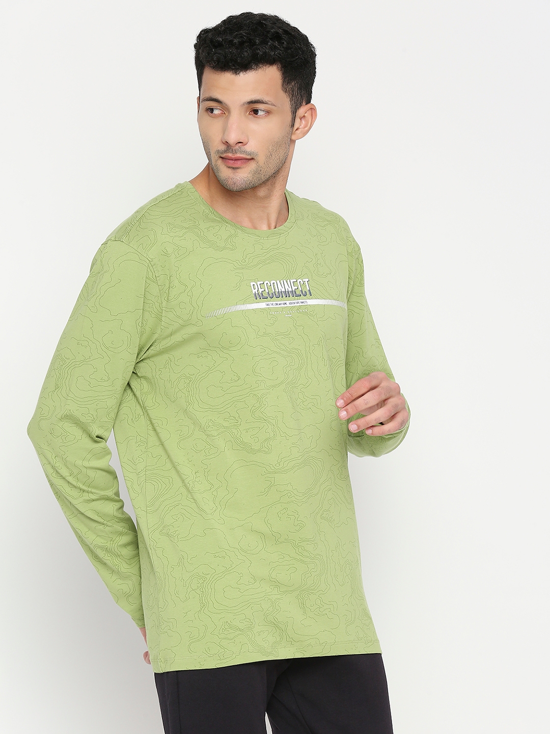 spykar | Spykar Dusty Green Cotton Blend Full Sleeve Printed Casual T-Shirt For Men 2