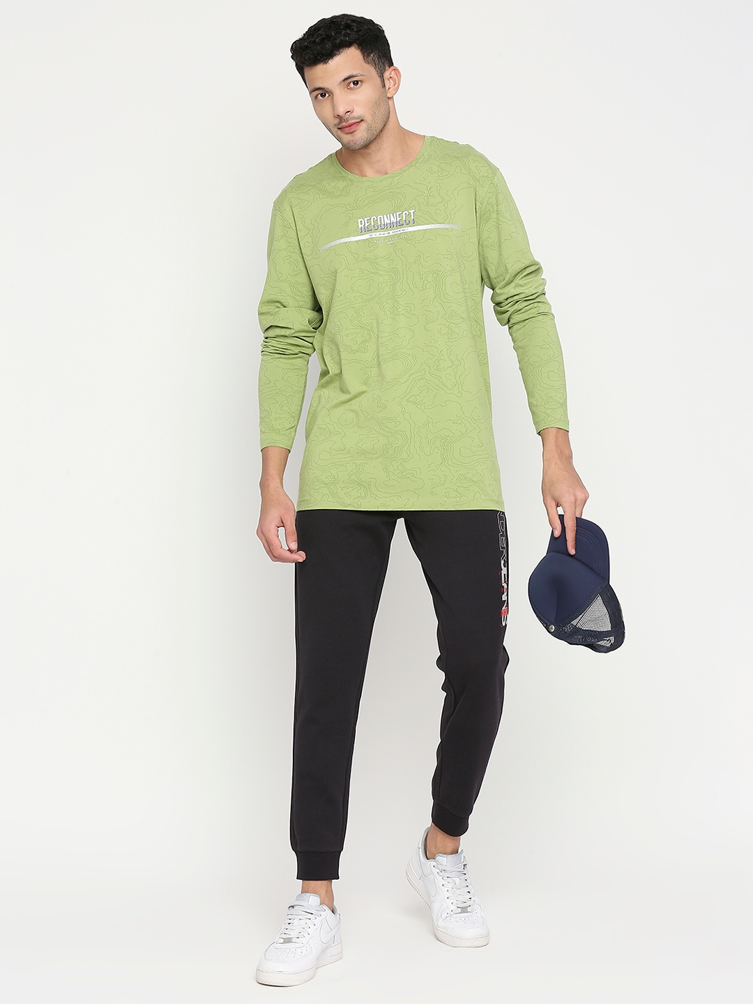 spykar | Spykar Dusty Green Cotton Blend Full Sleeve Printed Casual T-Shirt For Men 5