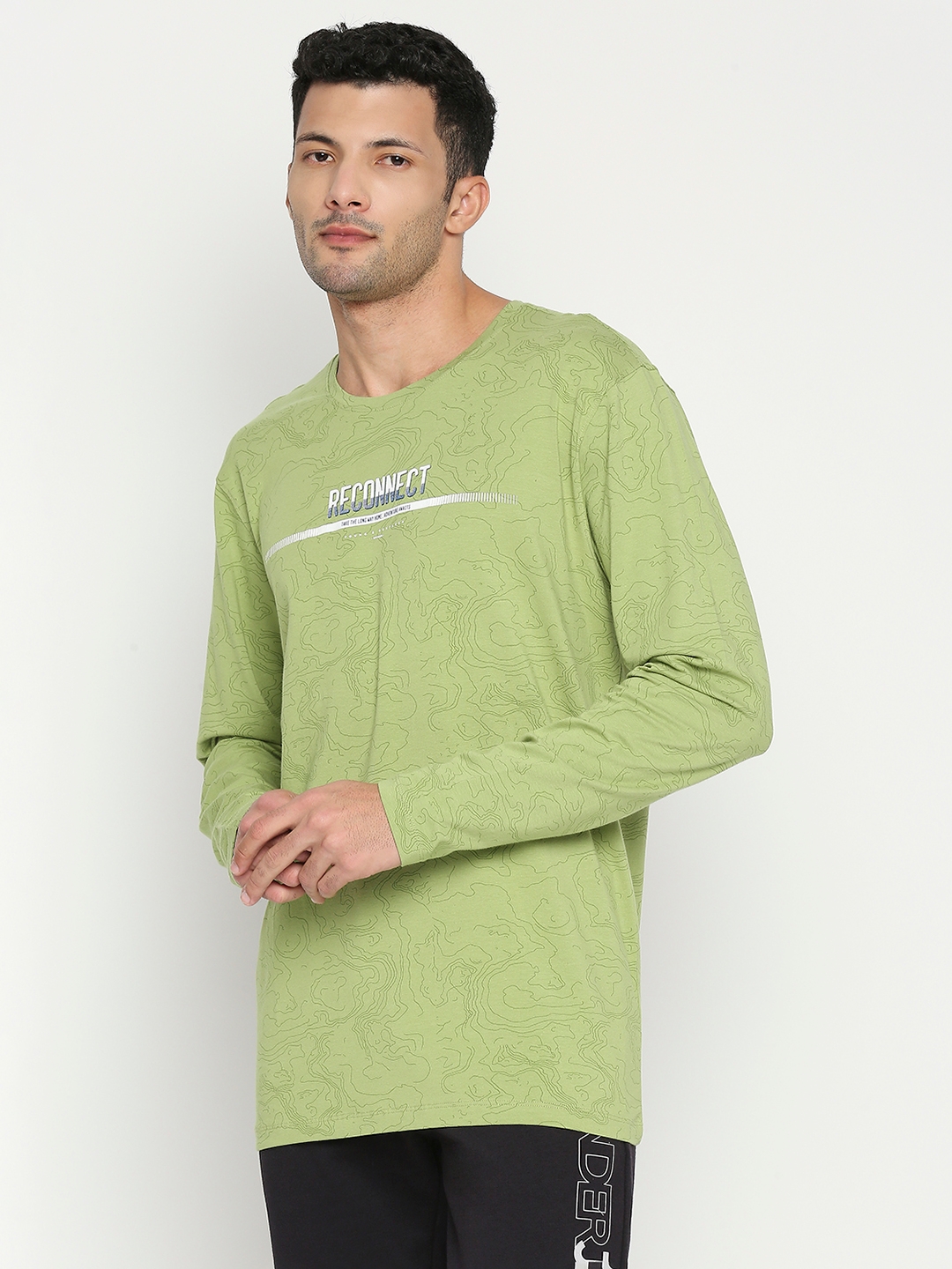 spykar | Spykar Dusty Green Cotton Blend Full Sleeve Printed Casual T-Shirt For Men 1