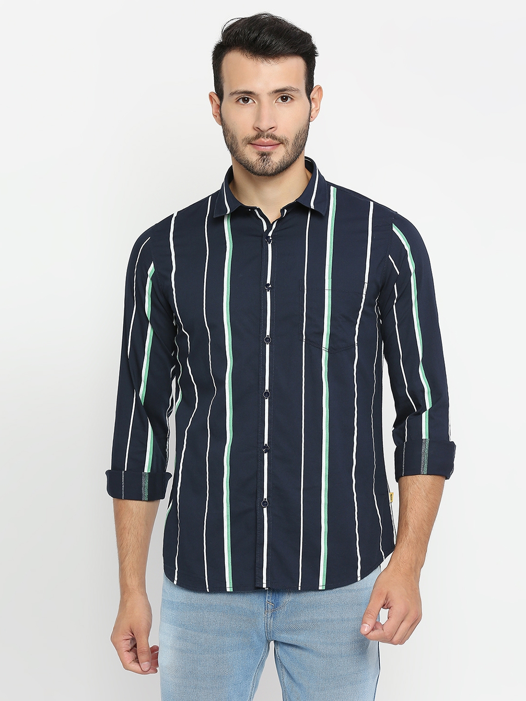 spykar | Men's Blue Cotton Striped Casual Shirts 0